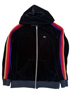 Aviator Nation Black Velour Hoodie five stripe Small